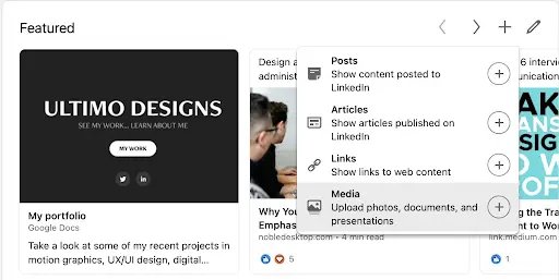 LinkedIn Featured section with plus icon to add media content