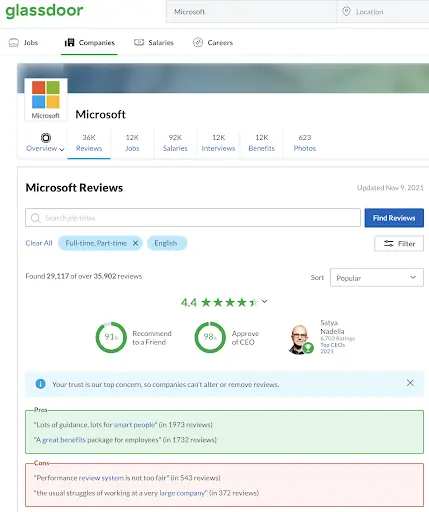 Glassdoor website homepage showing job search and company review features
