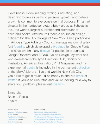 Screenshot of Brian LaRossa portfolio landing page featuring an essay-style introduction with links to design projects