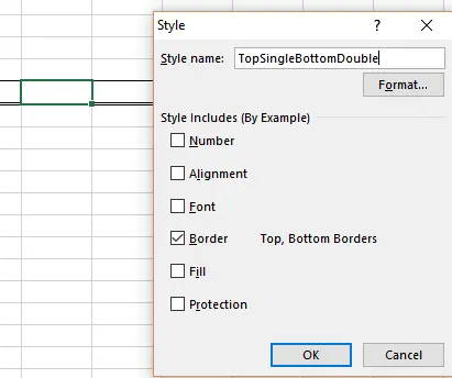 Style dialog box for TopSingleBottomDouble style with Border checkbox selected