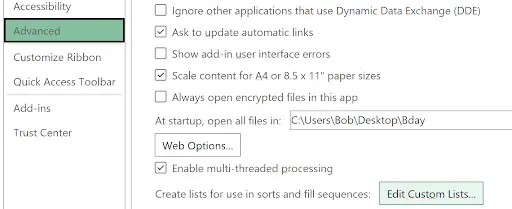 Excel Options Advanced section showing the Edit Custom Lists button