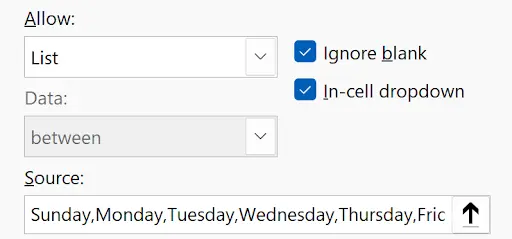 Data Validation Source field with comma-separated values typed in for a dropdown list