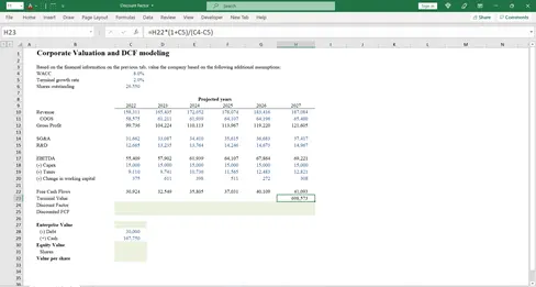 Spreadsheet showing terminal value calculation using the formula H22 times one plus growth rate divided by discount rate minus growth rate