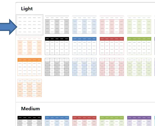 Top-left table style icon in the gallery for removing table visual formatting