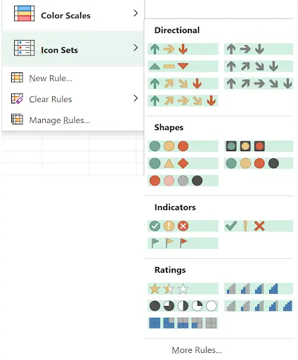 Icon Sets submenu showing various icon options organized in 3, 4, and 5 icon groupings