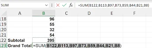 Excel AutoSum suggesting a SUM formula that automatically detects subtotal cells