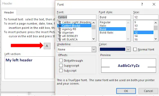 Custom Header dialog showing formatted text and Font dialog result