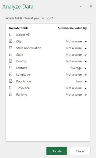 Analyze Data field settings showing Value and Not a Value designations for columns