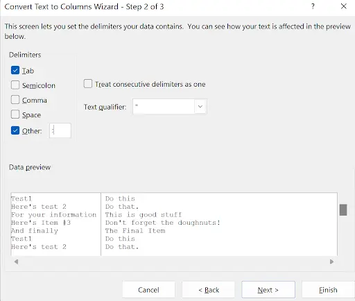 Text to Columns result showing data split at the colon with leading spaces in column B