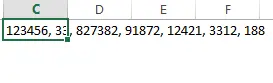 Screenshot of an Excel worksheet row where cell C displays '123456,33, ' followed by other cells containing multiple numeric values (827382,91872,12421,3312,188) in adjacent columns.
