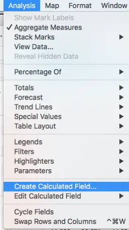 Tableau Analysis menu with Create Calculated Field option highlighted
