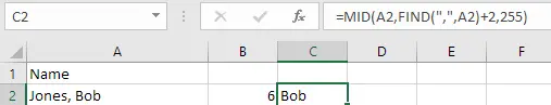 Excel MID function extracting a middle portion of a name string