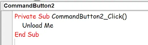 Forms With Vba In Excel example showing in order to simply close the form, you just need unload me: