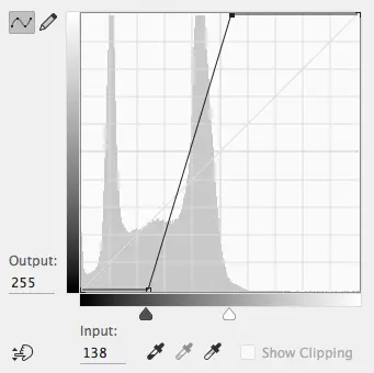 Curves adjustment dialog showing initial settings for enhancing contrast in a channel