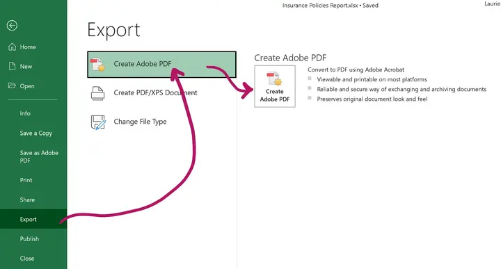 Excel Export tab showing Create PDF/XPS Document option for sharing the report as a PDF