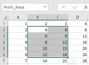 Intro To Excel Page Layout 1 example showing if you do set the print area, then a name, “print_area” is c