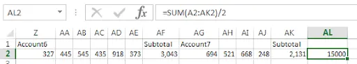 Same data arranged horizontally with the =SUM/2 formula producing the same grand total result