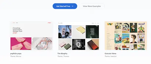 Adobe Portfolio features page showing coding-free design and responsive layout capabilities