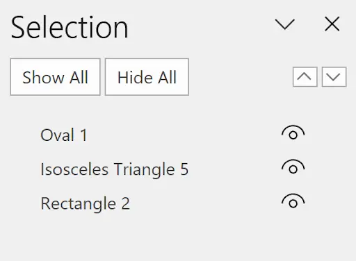 Excel Selection Pane showing listed shapes with visibility toggle eyes