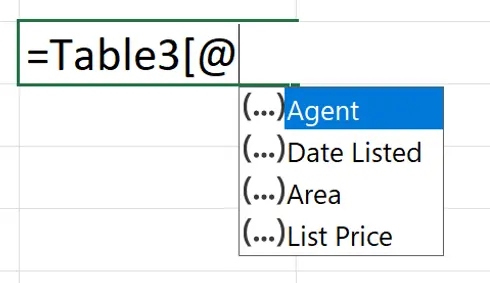 At-symbol in a structured reference formula used to refer to the current table row