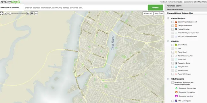 Screenshot of the NYC CityMap interface, showing a detailed street layout around the East River. The left side contains a search bar and advanced search options, while the right side displays map layer checkboxes for Capital Projects, City Use, and City Programs.