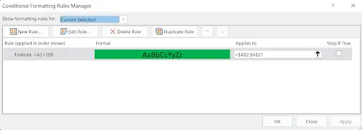 Conditional Formatting Rules Manager dialog showing the active rule and its applied range