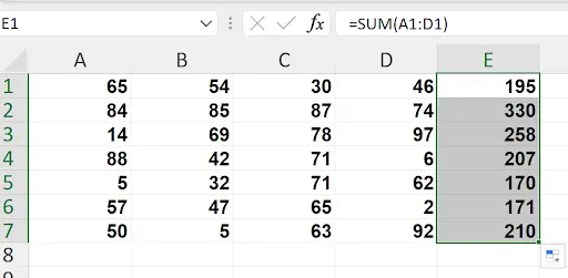 Excel spreadsheet showing SUM formula auto-filled in column E for row totals