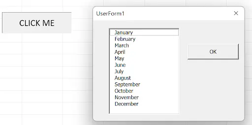 VBA UserForm with a ListBox displaying the twelve months of the year