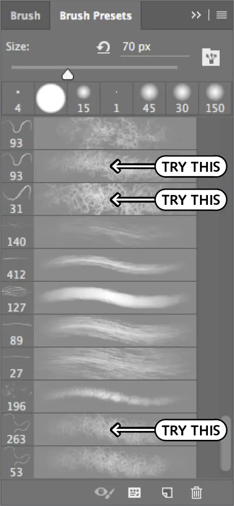 Hair brush options in Photoshop: brushes 31, 93, and 263 shown for frizzy hair edges