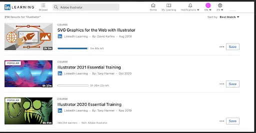 Screenshot showing LinkedIn Learning's course listings for Adobe Illustrator. The courses include 'SVG Graphics for the Web with Illustrator,' 'Illustrator 2021 Essential Training,' and 'Illustrator 2020 Essential Training.' The image includes the course titles, instructors, and duration times.