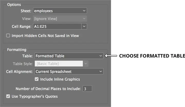table import options