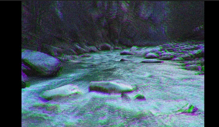 After Effects composition preview showing the chromatic aberration VHS effect applied to footage