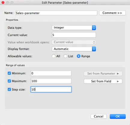 Tableau Create Parameter dialog for Sales-parameter with value range 0 to 100