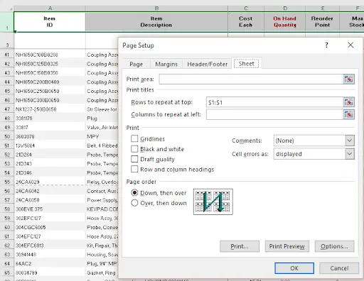 Intro To Excel Page Layout 2 example showing when you click this command, you get this dialog: