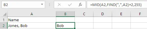 Excel FIND function locating the space character between first and last names