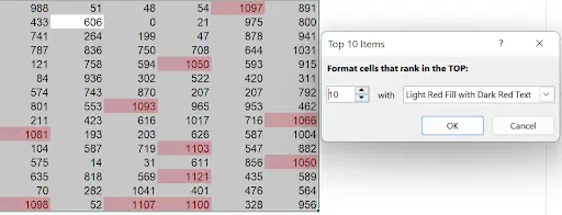 Top 10 Items conditional formatting dialog where the number can be adjusted