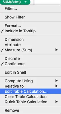 Tableau field menu showing Edit Table Calculation option