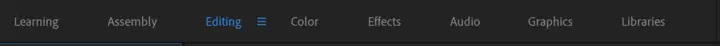 Premiere Pro top bar showing the Editing workspace mode selected