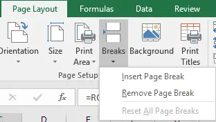 Intro To Excel Page Layout 1 example showing next comes “breaks”. when you select this dropdown, you see: