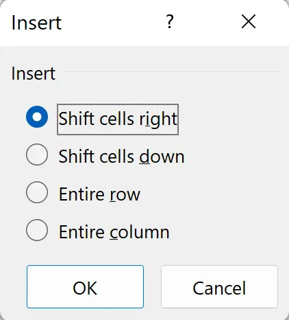 Excel Delete dialog box showing options for shifting cells after deletion