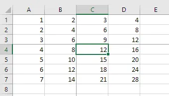 Screenshot of an Excel worksheet with numeric data in columns A through E, showing sequences of ascending numbers organized into rows and columns.