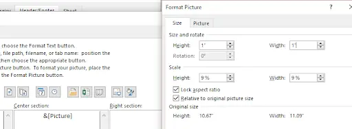 Insert Picture dialog in Custom Header with company logo selected
