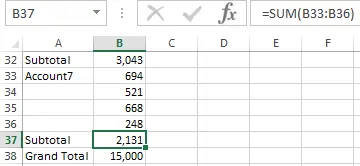 Excel section showing individual values B33 through B36 totaling 2131 and the subtotal in B37 also showing 2131
