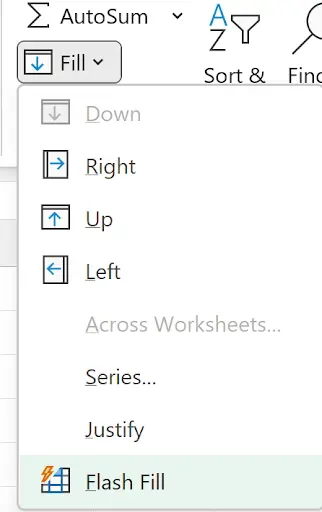 Excel Home tab showing the Flash Fill option under the AutoSum dropdown