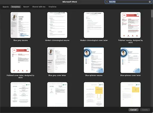 Microsoft Word New From Template dialog showing resume and cover letter templates