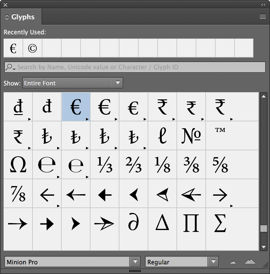 Use the Glyphs panel to insert glyphs and special characters in