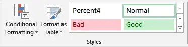Excel Styles group showing the renamed Percent4 style after modifying decimal places