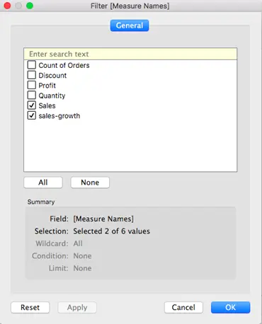 Tableau Edit Filter with only sales-growth and Sales values selected for the stacked bar chart
