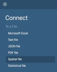 Screenshot of a data visualization tool’s ‘Connect’ panel, listing file connection options including Microsoft Excel, Text file, JSON file, PDF file, Spatial file, and Statistical file.