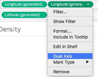 Tableau interface displaying the option to select Dual Axis from the dropdown menu